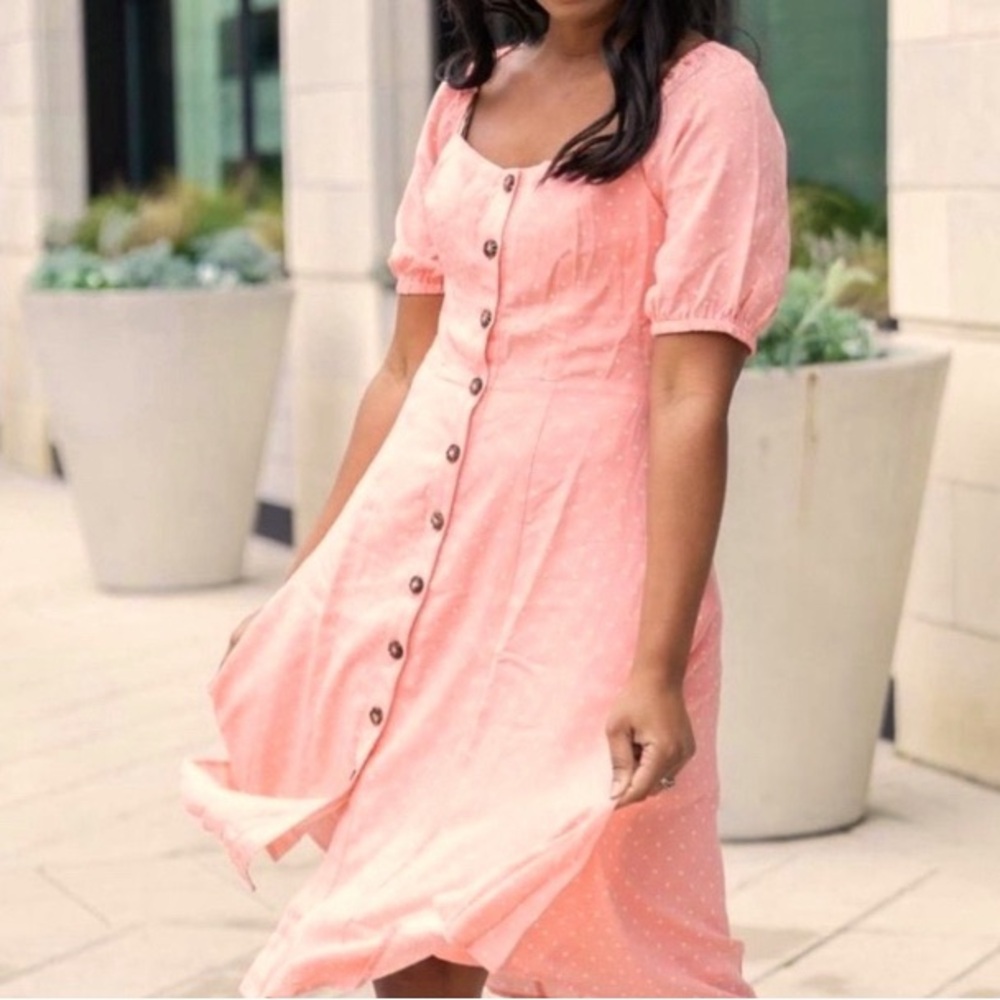 Gibson Button front dress , pink w/white polka dots, shirred elastic back bodice